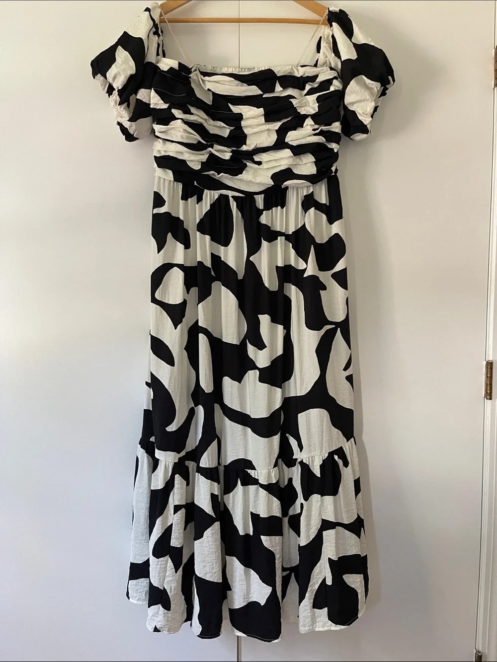 Abercrombie & Fitch, Emerson Black and White Ruched Off-Shoulder Maxi Dress